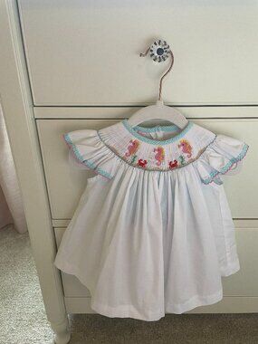 Petit Bebe Smocked Pink Seahorse and Red Crabs Set Size 12 Months